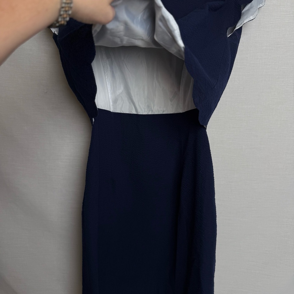Lauren James Navy Blue Overlay Dress Made in USA Size M EUC - Picture 5 of 11